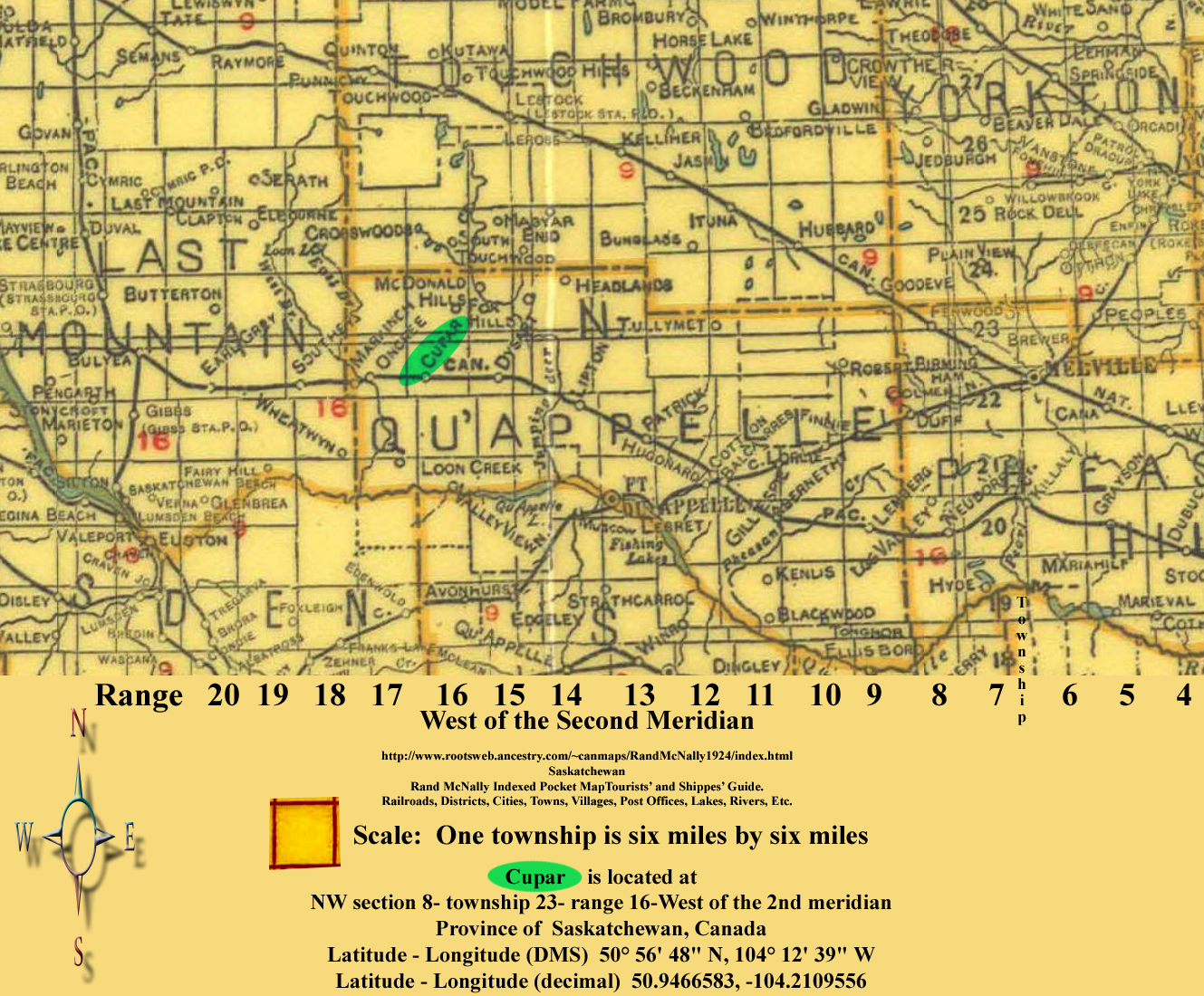 Cupar and District Heritage Museum - Place Names Township 20-27, Range 12-20, West of the Second Meridian Map